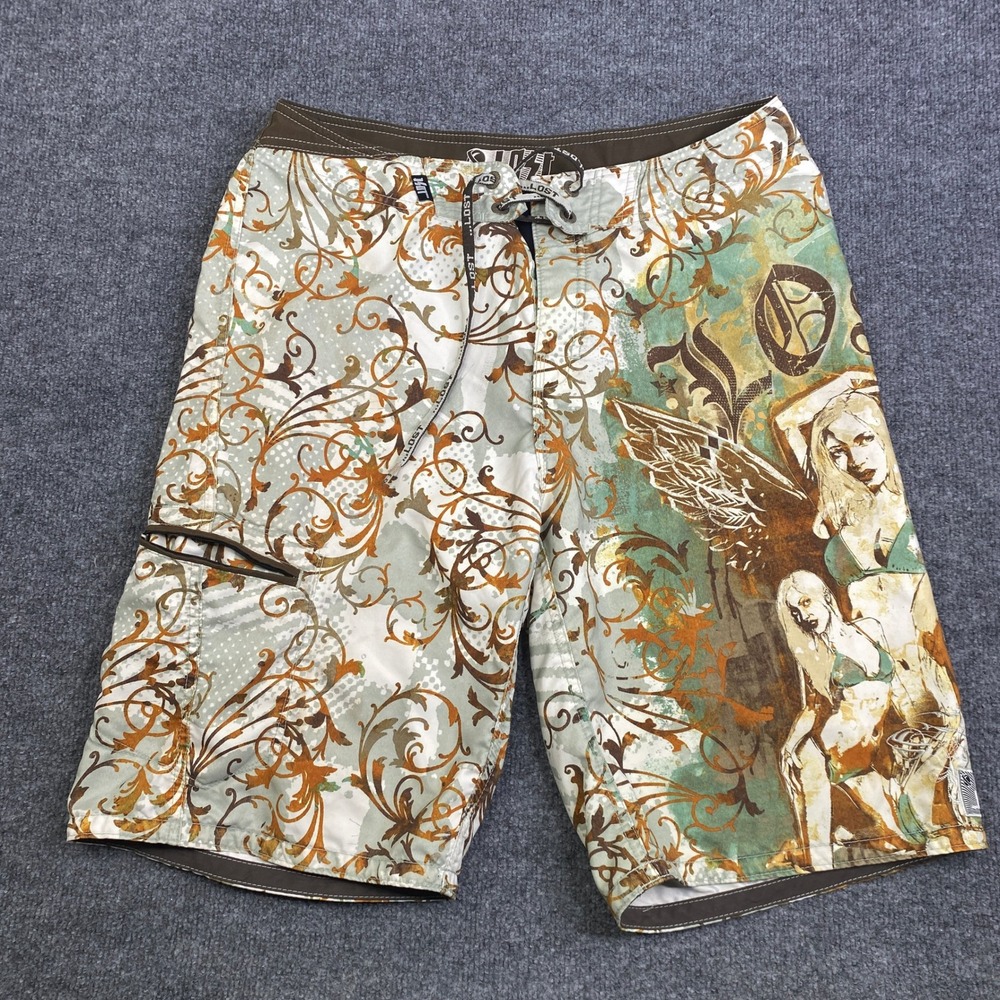 Lost Enterprises Mens Board Shorts Size 33 Brown Green Pin Up Girl Swim Y2K